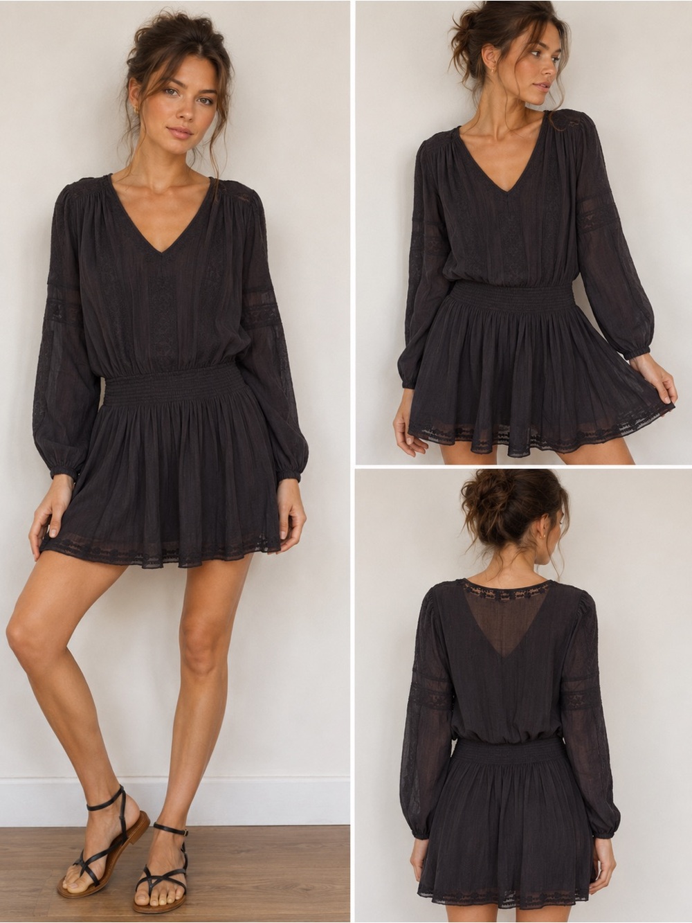 Star Mela Black Boho Peasant Mini Dress Size L Embroidered Sheer Long Sleeve